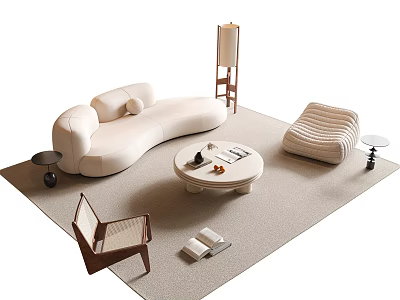 Minimalist Sofa And Coffee Table Set With Curved Design Round Table Beige Carpet Floor Lamp 3d model