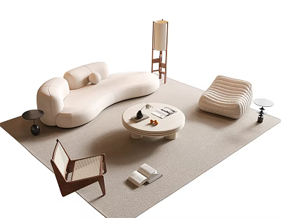 Minimalist Sofa And Coffee Table Set With Curved Design Round Table Beige Carpet Floor Lamp 3d model