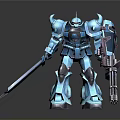 Sci Fi Blue Mech Robot Character With Long Sword And Giant Gun