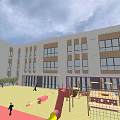 Modern School Building Exterior With White Facade Wooden Panels Large Glass Windows And Plaza Area