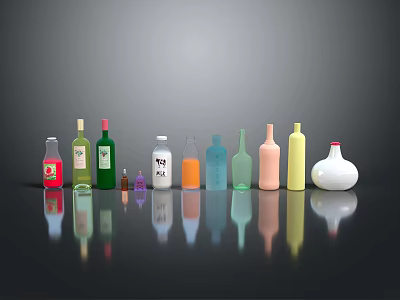 Colorful Decorative Ornament Set With Various Shaped Glass Bottles And Reflections On Black Background 3d model