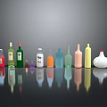 Colorful Decorative Ornament Set With Various Shaped Glass Bottles And Reflections On Black Background