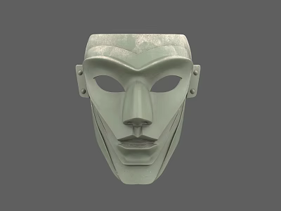 Ancient Style Green Stone Mask Sculpture With Facial Features And Rivet Details 3d model
