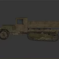 Vintage Tracked Truck With Open Cargo Bed Front Tires And Military Green Exterior