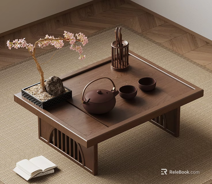 Japanese Style Tea Set With Ceramic Teapot Wooden Table Cherry Blossom Decoration Small Teacups 3d model 