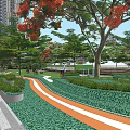 Serene Landscape Garden Design with Flame Trees Red Flowers Stone Path and Benches