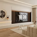 Modern Living Room Interior With Large TV White Sofa Round Coffee Table And Brown Chair
