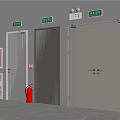 Three Different Colored Emergency Exit Doors With Green Signs Fire Extinguisher And Safety Equipment
