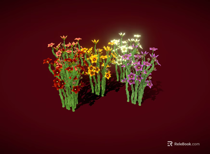 Multicolored Flowers With Red Yellow White Purple Blooms And Green Stems On Dark Red Background 3d model 