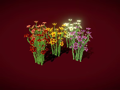 Multicolored Flowers With Red Yellow White Purple Blooms And Green Stems On Dark Red Background 3d model