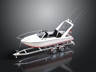 White Recreational Fishing Boat With Trailer And Red Accents Fishing Rods 3d model