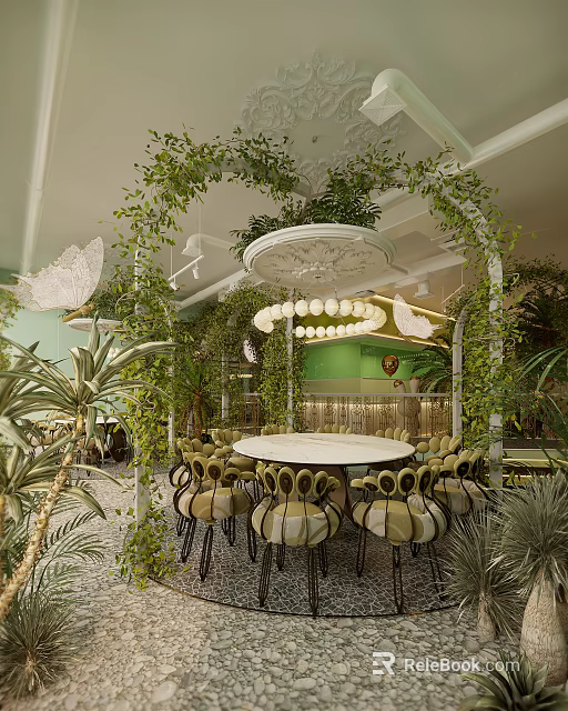 Lush Greenery Restaurant Interior With Round Table Chandelier Green Wall And Chairs 3d model 