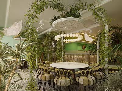 Lush Greenery Restaurant Interior With Round Table Chandelier Green Wall And Chairs 3d model
