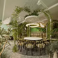 Lush Greenery Restaurant Interior With Round Table Chandelier Green Wall And Chairs