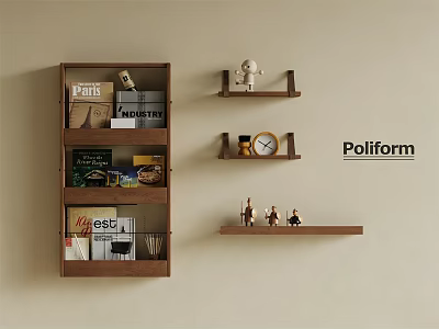 Stylish Walnut Wooden Wall Mounted Shelving Unit With Books Magazines Decorative Figurines And Clock 3d model