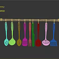 Silver Kitchen Utensils with Black Handles Hanging on Metal Rod Dark Reflective Background