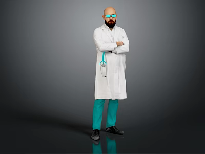 Confident Man In White Doctor Coat With Green Pants Blue Glasses And Stethoscope 3d model