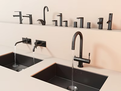 Modern Black Faucets Display Multiple Styles Installed on Sinks in Showroom with Flowing Water 3d model