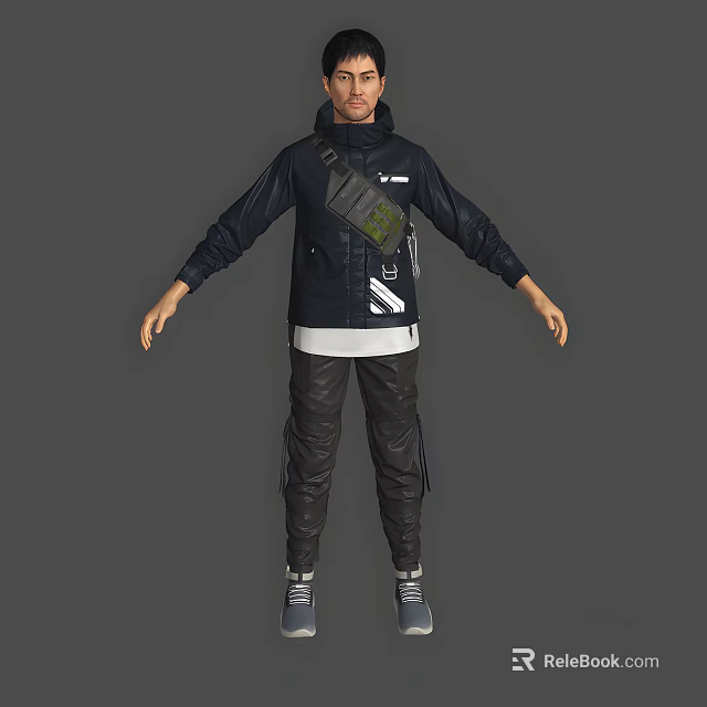Man In Navy Blue Jacket With Green Bag White Inner Black Leather Pants Grey Shoes 3d model 