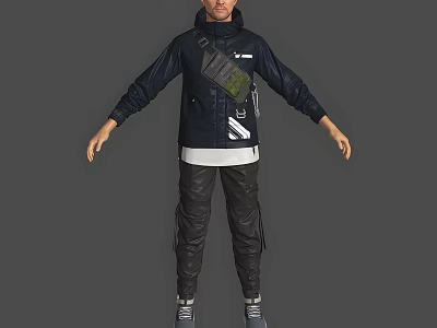 Man In Navy Blue Jacket With Green Bag White Inner Black Leather Pants Grey Shoes 3d model