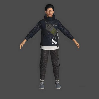 Man In Navy Blue Jacket With Green Bag White Inner Black Leather Pants Grey Shoes 3d model