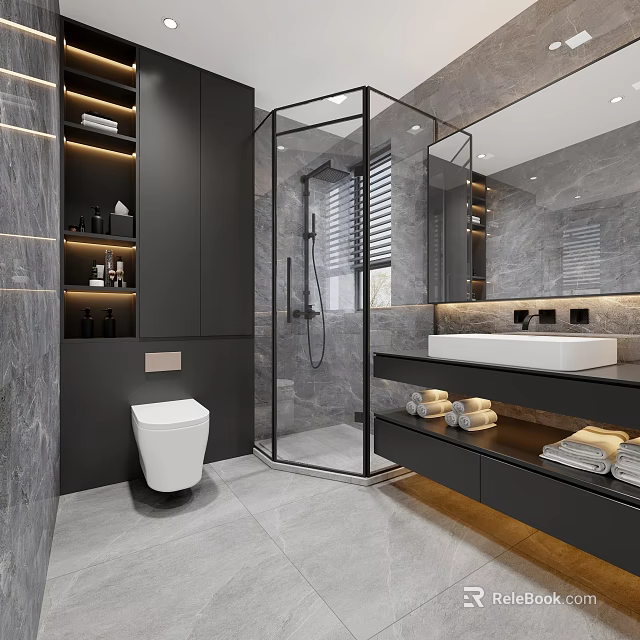 Modern Bathroom Interior With Glass Shower Black Cabinets Gray Walls And White Toilet 3d model 
