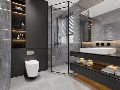 Modern Bathroom Interior With Glass Shower Black Cabinets Gray Walls And White Toilet 3d model