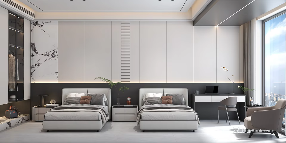Hotel Guest Room Featuring Twin Gray Beds White Walls Nightstands Desk And Chair 3d model 