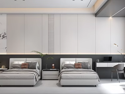 Hotel Guest Room Featuring Twin Gray Beds White Walls Nightstands Desk And Chair 3d model