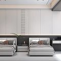 Hotel Guest Room Featuring Twin Gray Beds White Walls Nightstands Desk And Chair