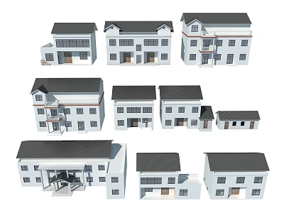 Various White Building Models With Black Roofs And Different Designs 3d model