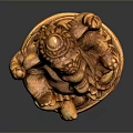 Wooden Elephant Statue Sitting With Decorative Headpiece And Detailed Carvings Against Dark Background