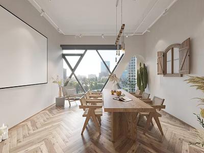 Modern Public Office Space With Wooden Table Chairs Large Windows And City View 3d model