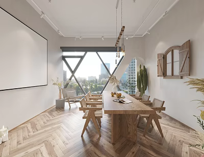 Modern Public Office Space With Wooden Table Chairs Large Windows And City View 3d model