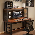 Solid Wood Computer Table Hole Board Bookshelf Retro Style Game Room E-sports Table 3d model