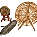 Red Drum With Drumsticks Wooden Water Wheel And Boat Model Decorative Crafts