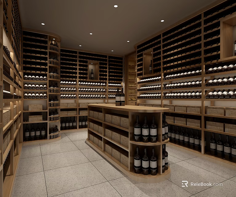 Elegant Wine Cellar Interior With Wooden Racks Central Display And Glass Wine Bottles 3d model 