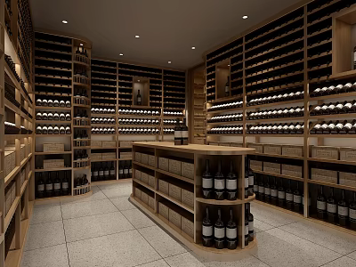 Elegant Wine Cellar Interior With Wooden Racks Central Display And Glass Wine Bottles 3d model
