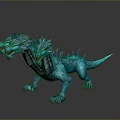 Three Headed Blue Dragon Spiked Fantasy Creature 3D Render With Red Eyes And Scaly Body