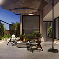 Outdoor Terrace Garden With Fire Pit Chairs Umbrella And Lush Plants At Night
