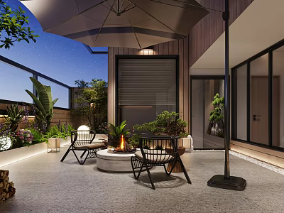 Outdoor Terrace Garden With Fire Pit Chairs Umbrella And Lush Plants At Night 3d model