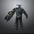 Futuristic Biomechanical Character In Heavy Mechanical Armor With Transparent Helmet And Arm Device