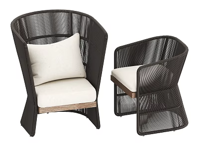 Set Of Two Modern Black Woven Armchairs With Cream Cushions And Wooden Bases 3d model