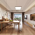 Warm Natural Wood Living And Dining Room Interior Design With Comfortable Sofas And Elegant Artworks