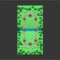 Cartoon Pixel Art Garden Scene with Green Trees Checkerboard Paths and Water Features
