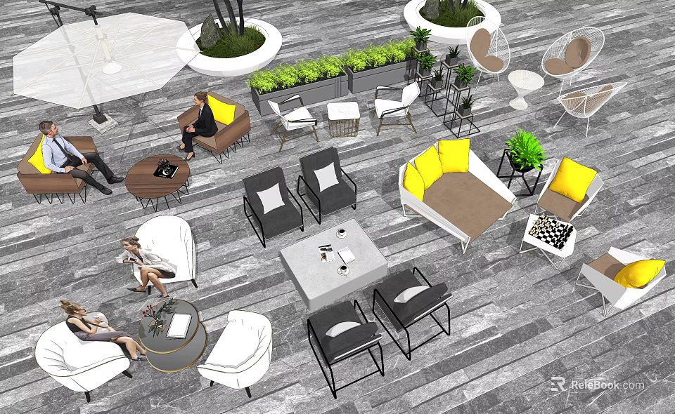 Modern Outdoor Sofa Set With Yellow Cushions Green Plants And Patio Coffee Table 3d model 