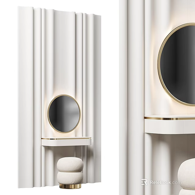 Elegant Modern Dressing Table With Round Gold Frame Mirror White Countertop And Stool 3d model