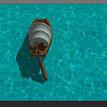 Traditional Wooden Boat With White Curved Canopy And Clay Pot On Blue Rippling Water