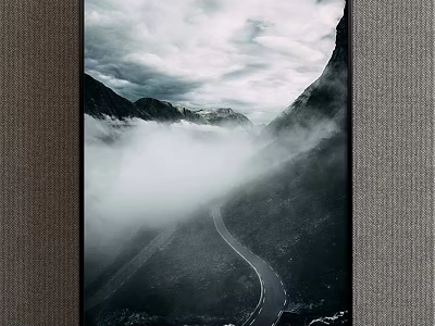 Black and White Landscape Painting With Misty Mountains And Winding Road 3d model