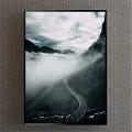 Black and White Landscape Painting With Misty Mountains And Winding Road